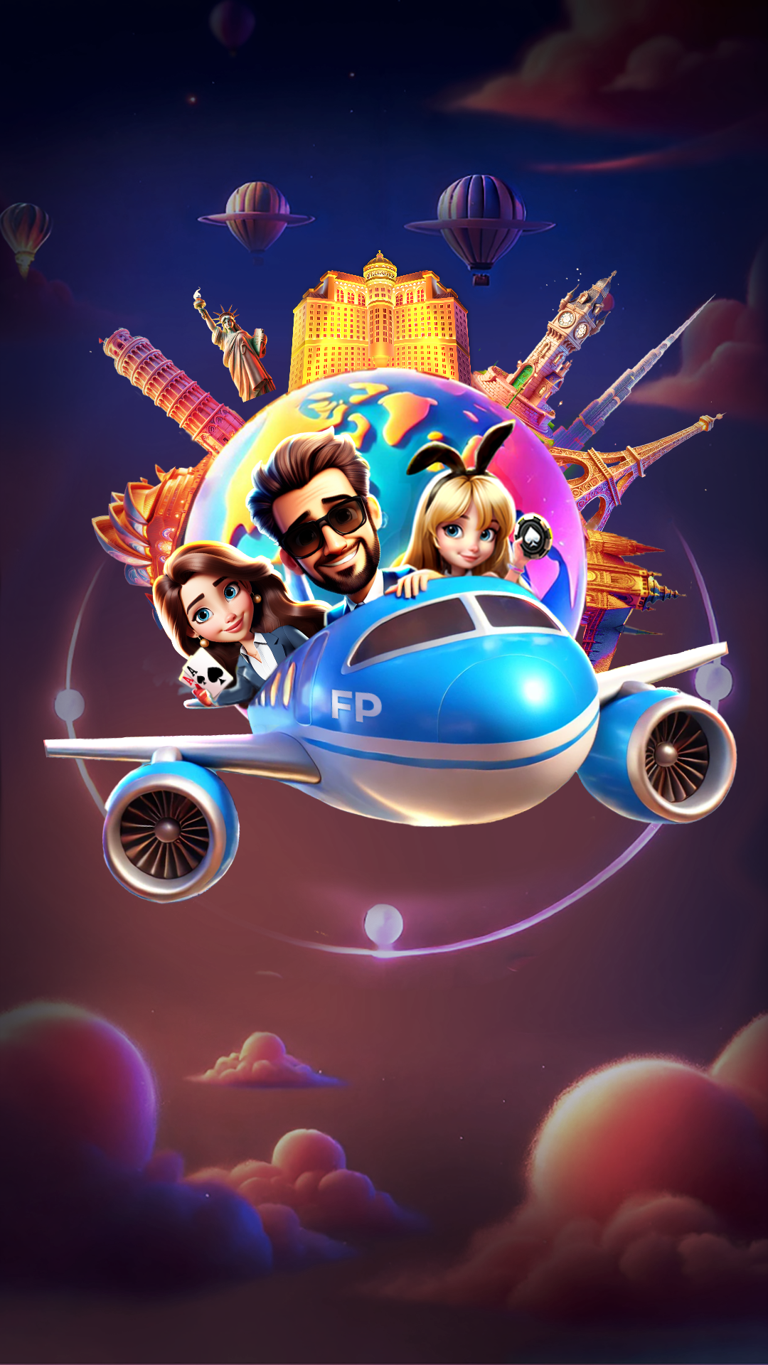 Characters in an airplane flying over world landmarks.